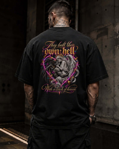 THE GLITCH glitch back print oversized tee featuring angel-demon artwork and gothic typography on the back.