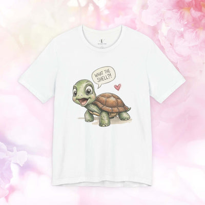 What the Shell turtle shirt featuring a cute cartoon turtle with a speech bubble and heart.
