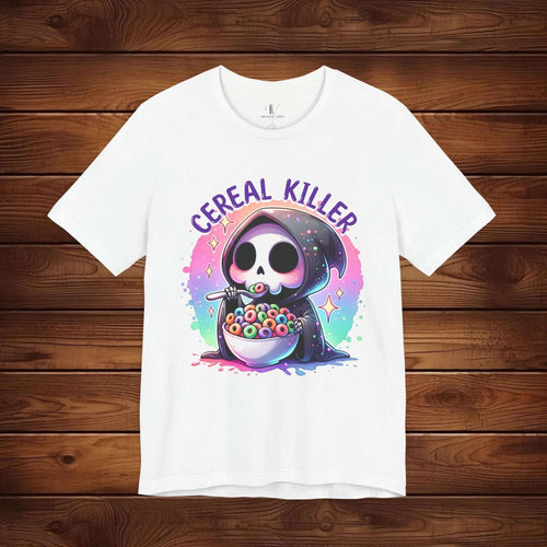 Cereal Killer shirt featuring a cute Grim Reaper enjoying cereal in a colorful bowl, perfect for breakfast lovers.