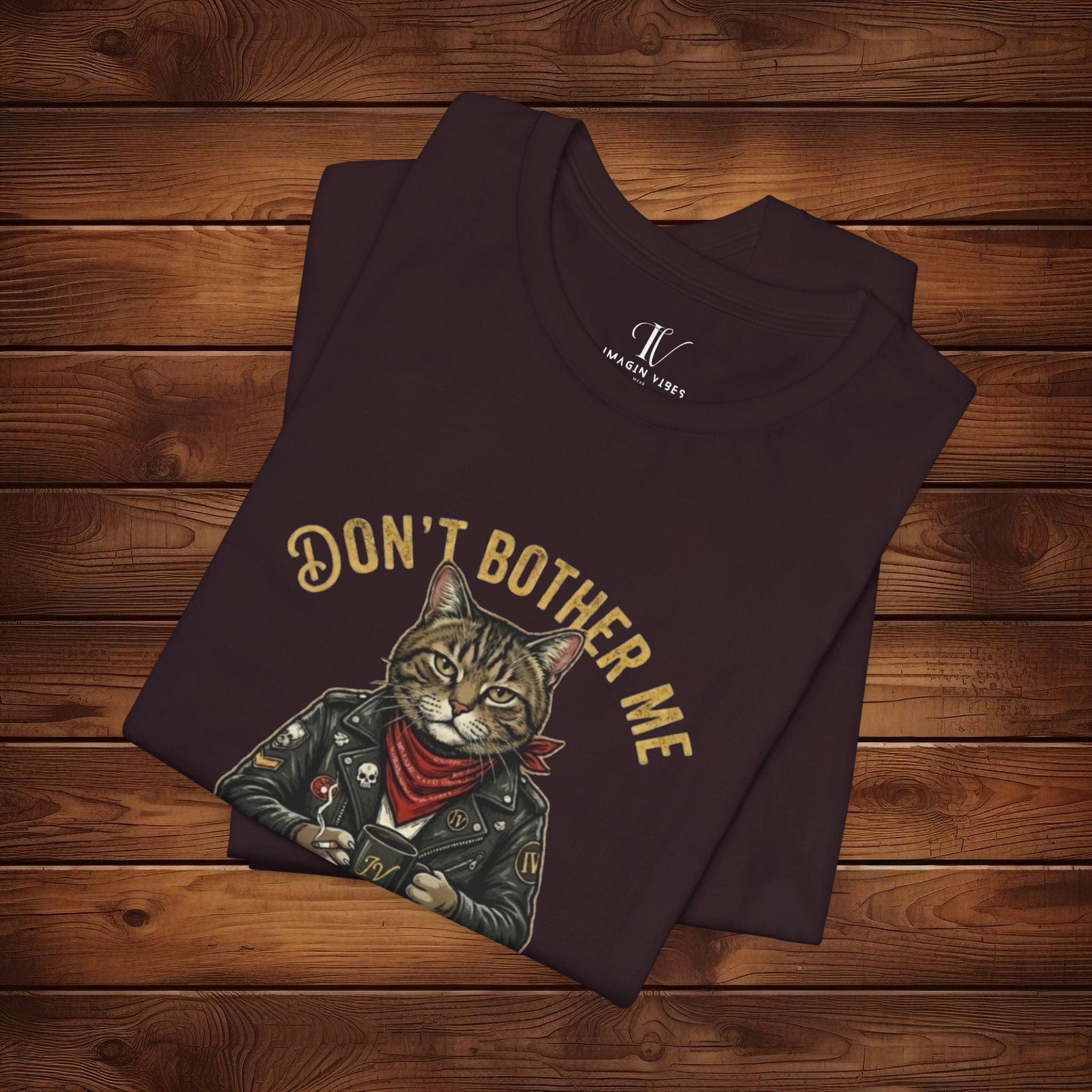 Biker Cat graphic tee with text "Don't Bother Me" for fuck sake shirt in black cotton fabric.