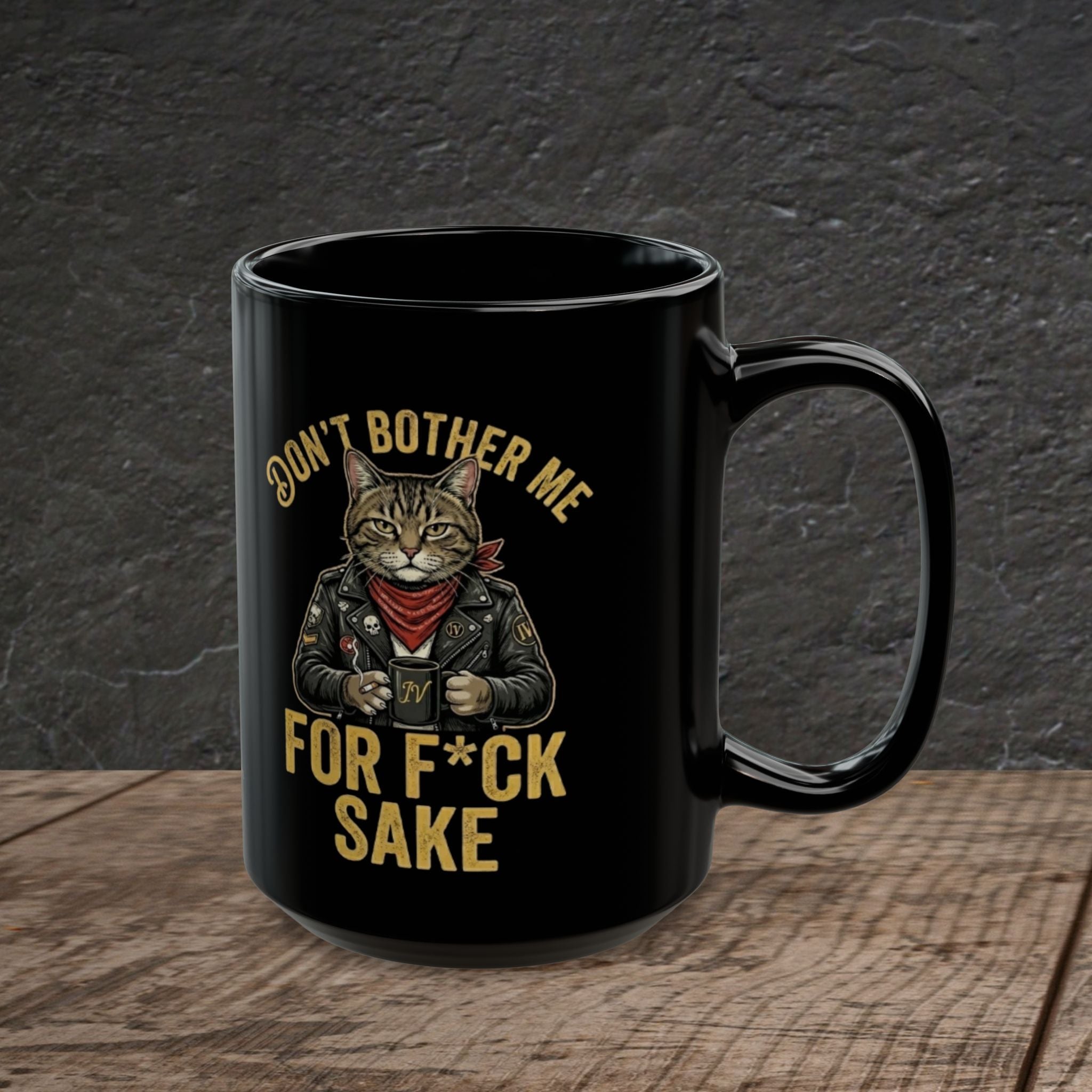 Biker Cat "For F*ck Sake" Black Ceramic Mug – Sarcastic Morning Coffee Cup | 11oz, 15oz