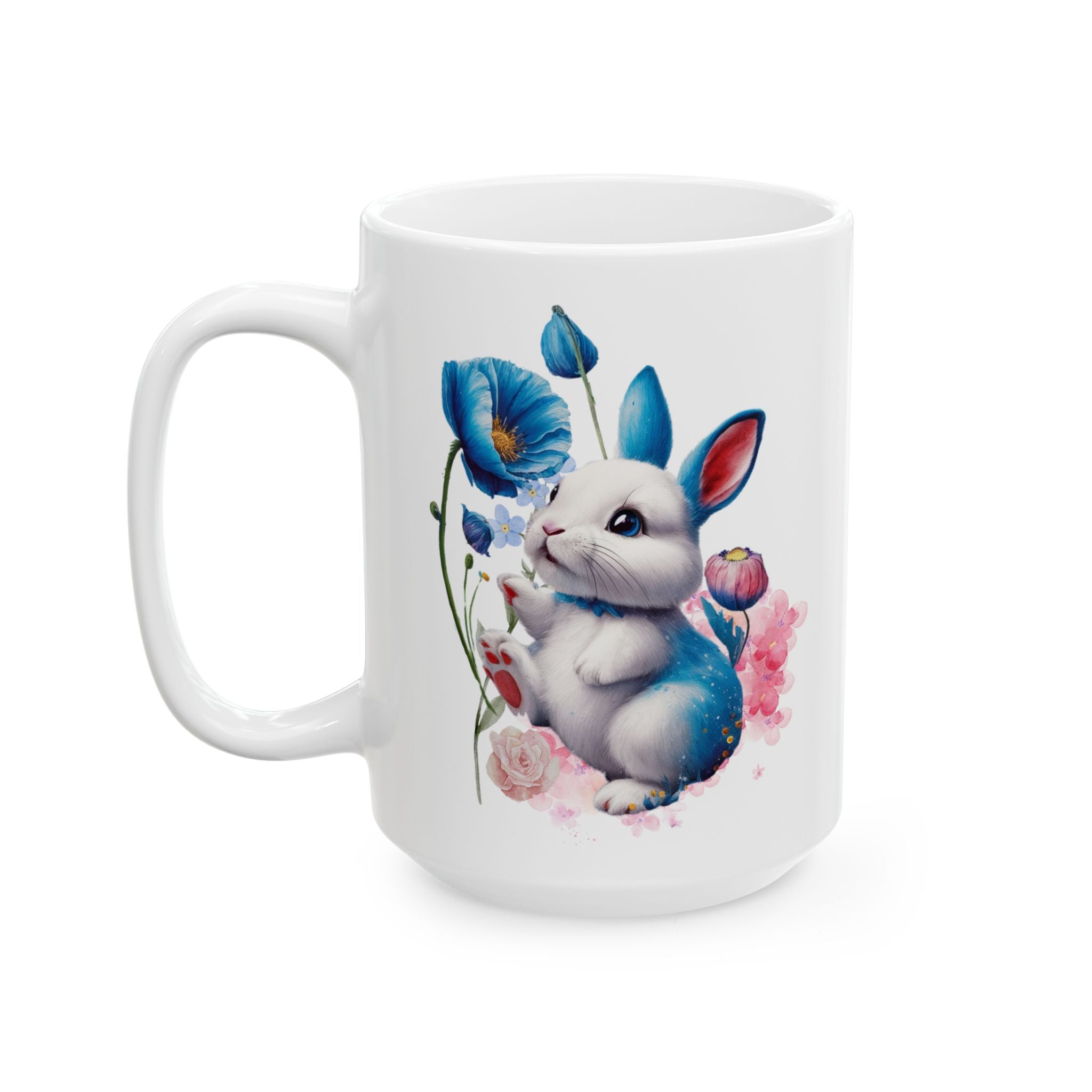 Whimsical Blue Poppy Bunny Mug – Cute Watercolor Ceramic Coffee Cup | 11oz, 15oz