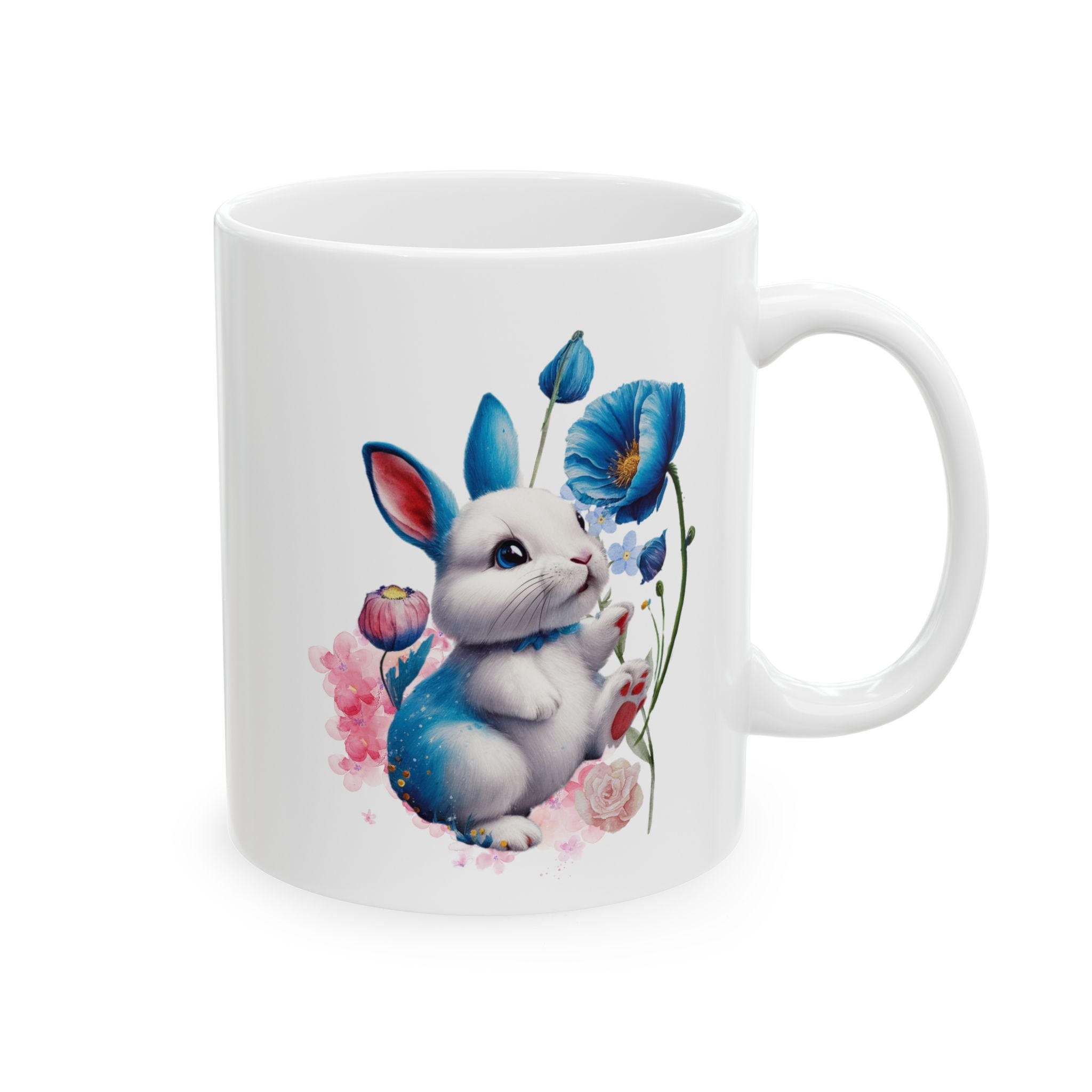 Whimsical Blue Poppy Bunny Mug – Cute Watercolor Ceramic Coffee Cup | 11oz, 15oz
