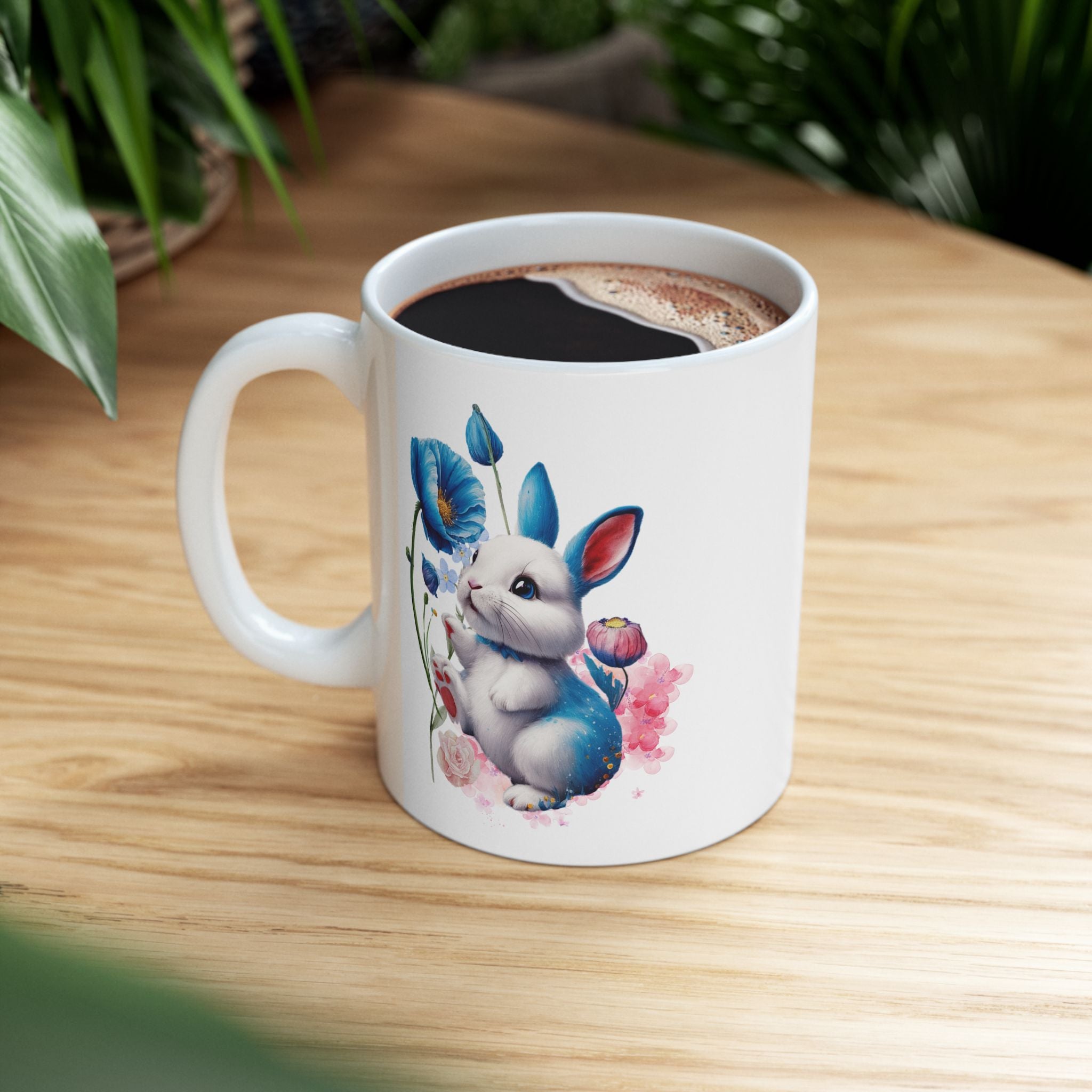 Whimsical Blue Poppy Bunny Mug – Cute Watercolor Ceramic Coffee Cup | 11oz, 15oz