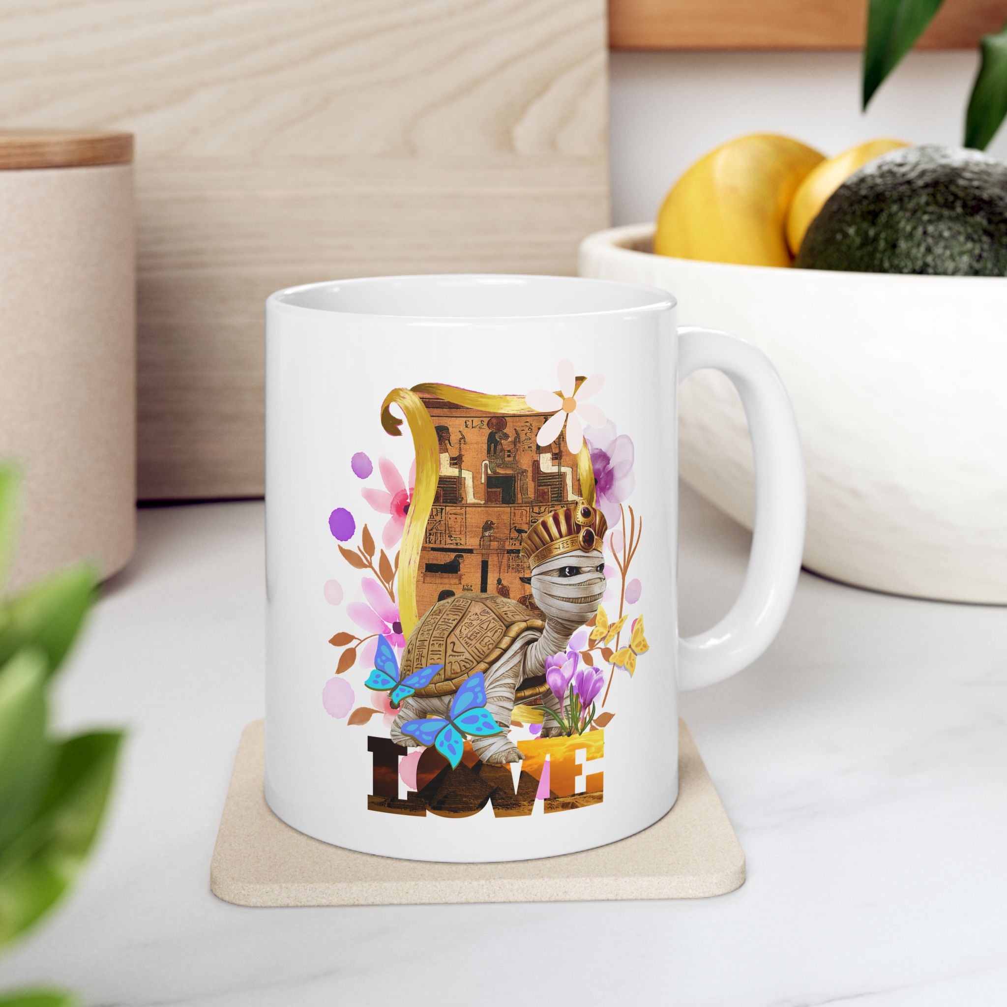 Pharaoh Love Turtle Ceramic Mug – Egyptian Art Graphic Coffee Cup | 11oz, 15oz