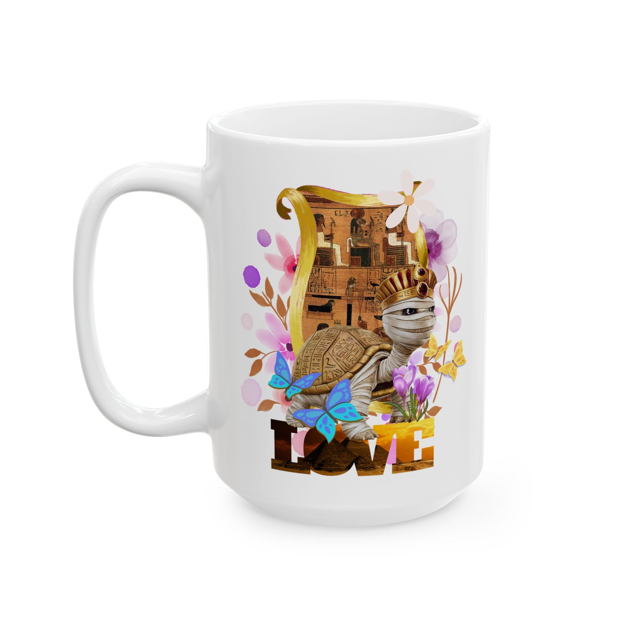 Pharaoh Love Turtle Ceramic Mug – Egyptian Art Graphic Coffee Cup | 11oz, 15oz
