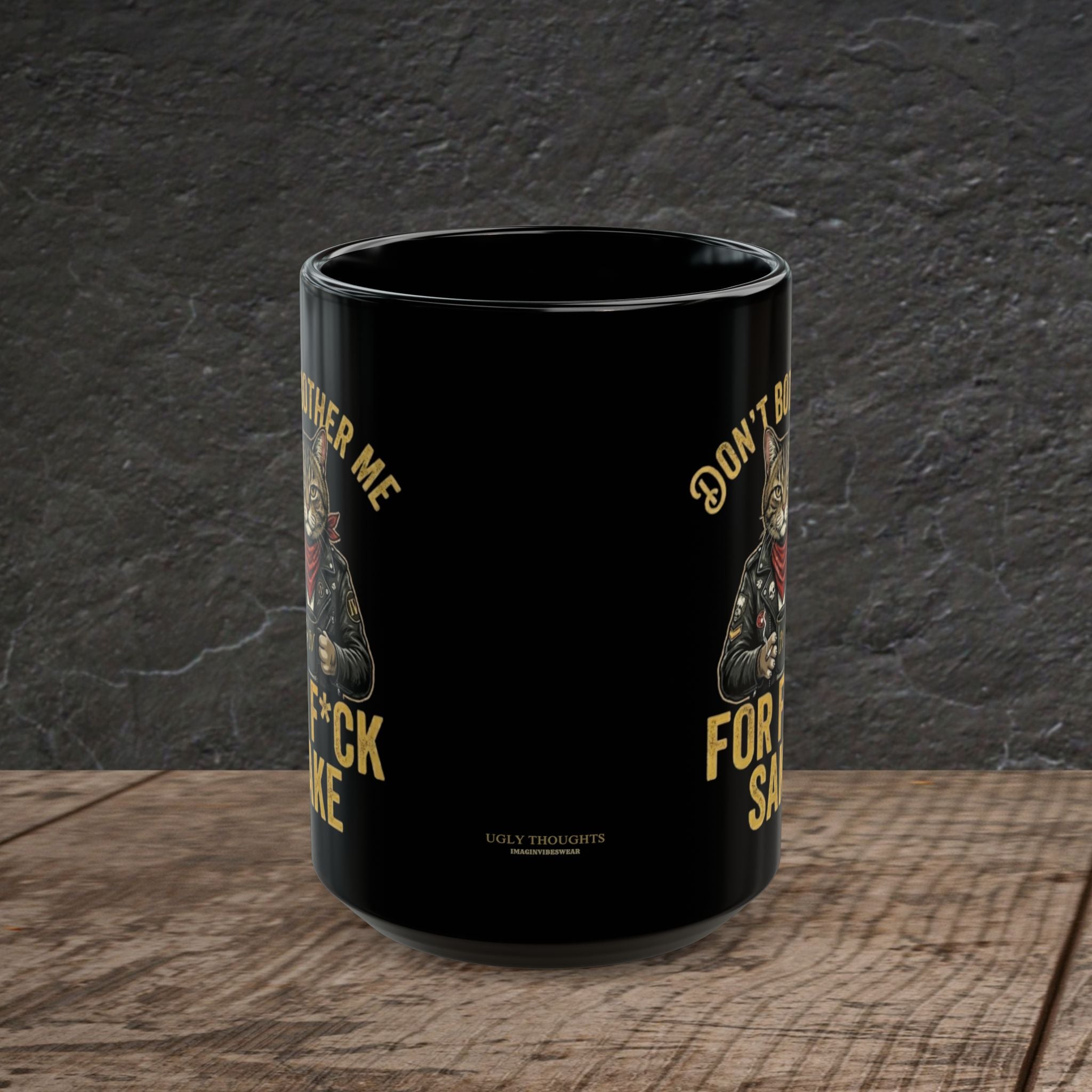 Biker Cat "For F*ck Sake" Black Ceramic Mug – Sarcastic Morning Coffee Cup | 11oz, 15oz