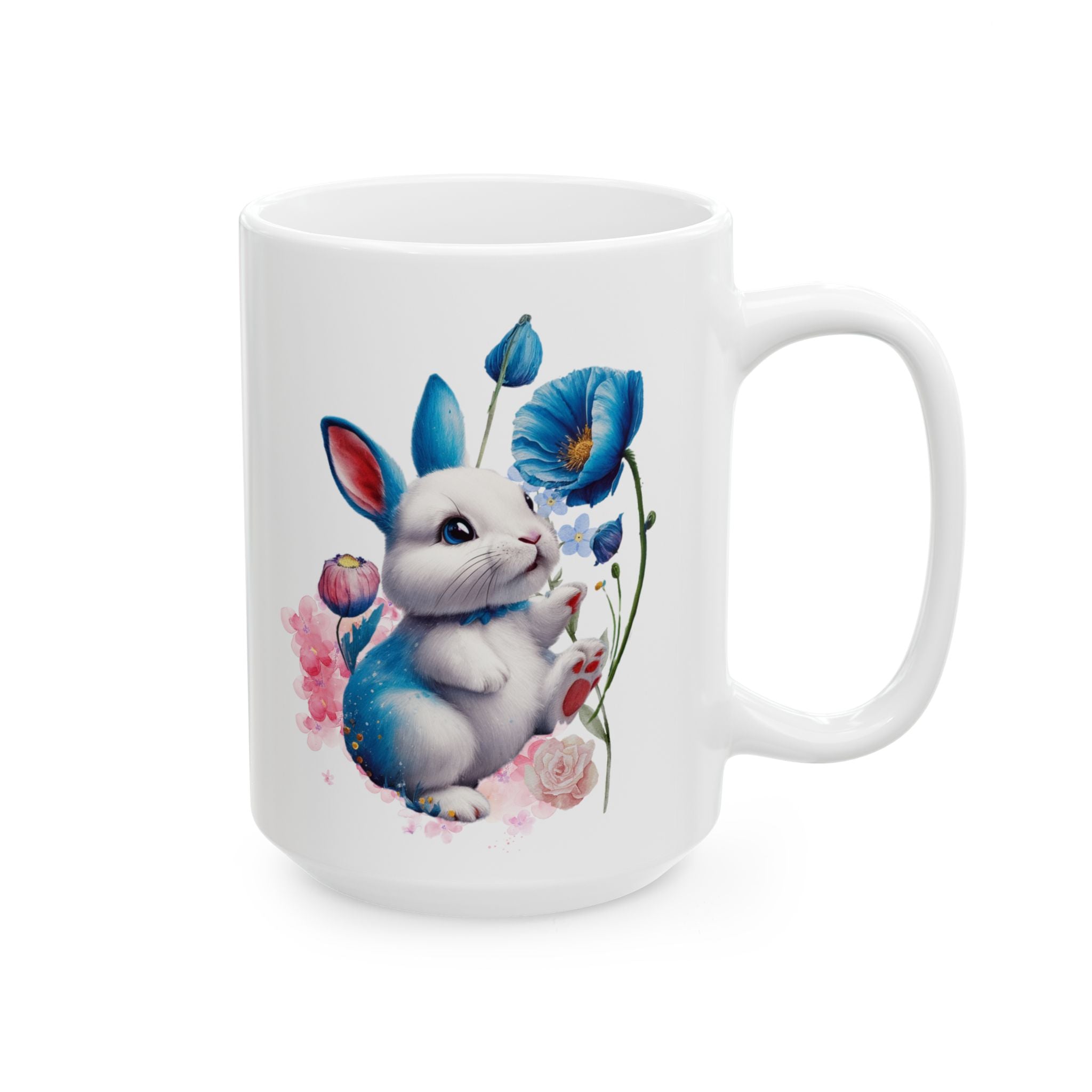 Whimsical Blue Poppy Bunny Mug – Cute Watercolor Ceramic Coffee Cup | 11oz, 15oz