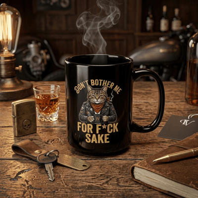 Black ceramic mug with 'Don't Bother Me' and 'FOR F*CK SAKE' featuring a biker cat design.