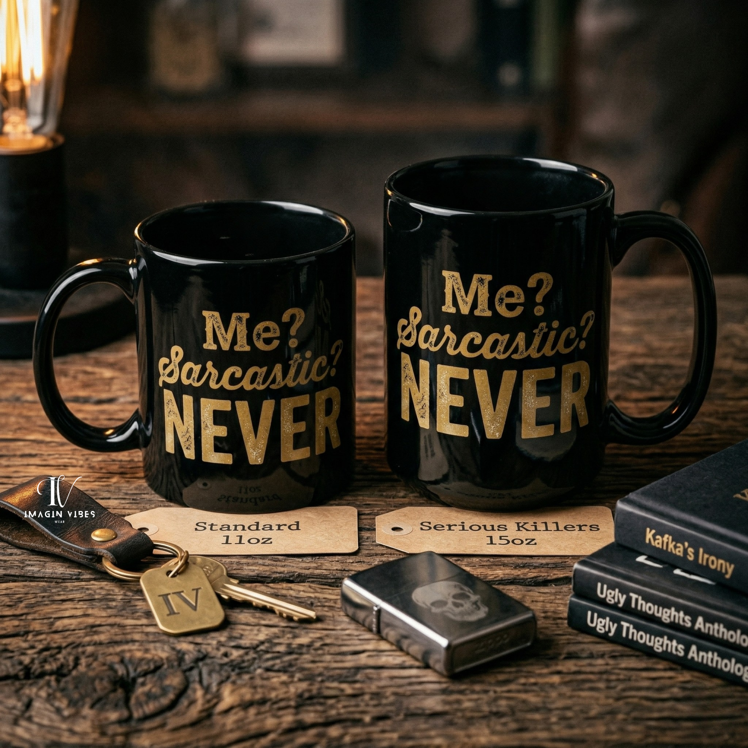 Me? Sarcastic? Never! – Distressed Gold Black Ceramic Mug