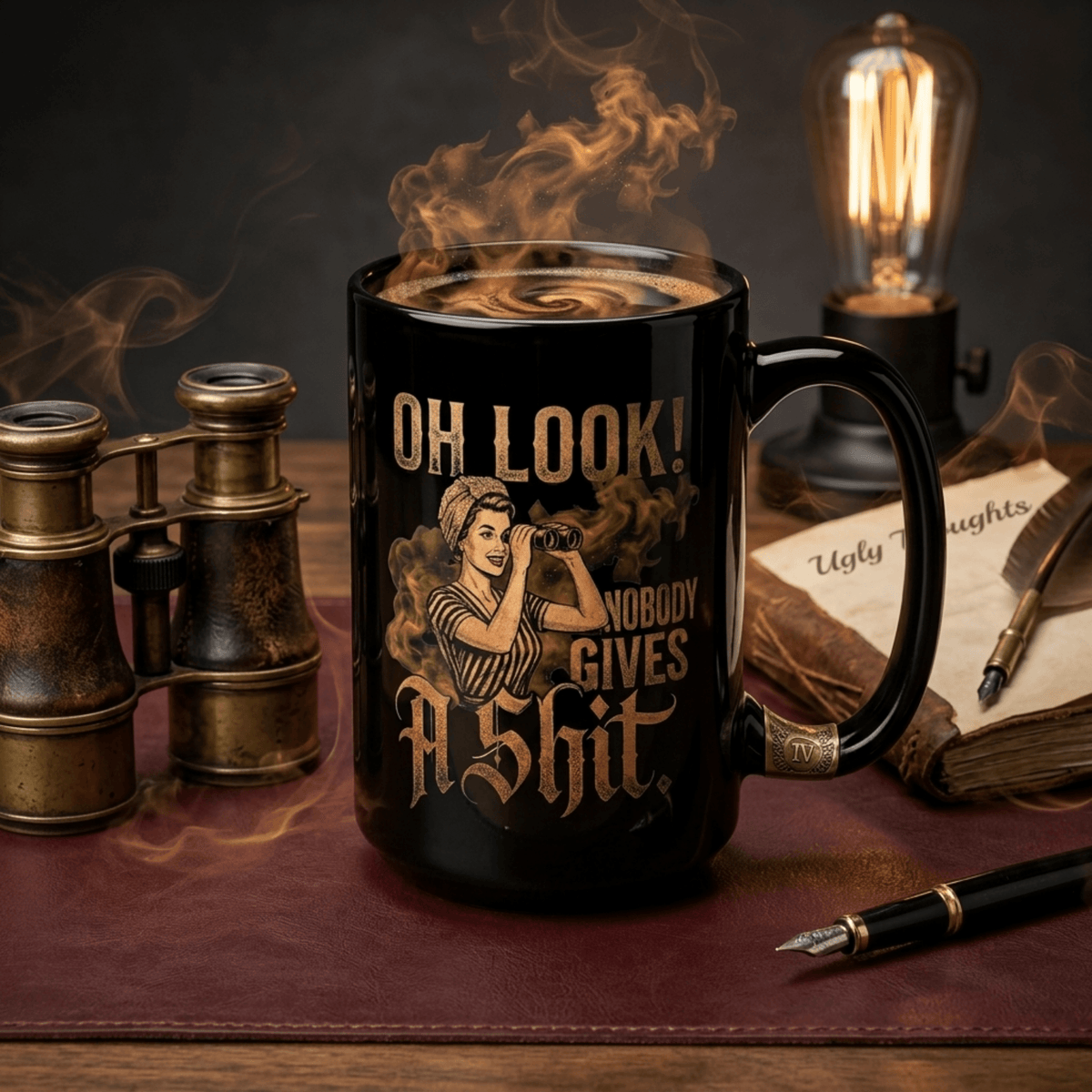 Black glossy nobody gives a shit mug with steam, featuring the Binocular Lady and sarcastic text, perfect for coffee.