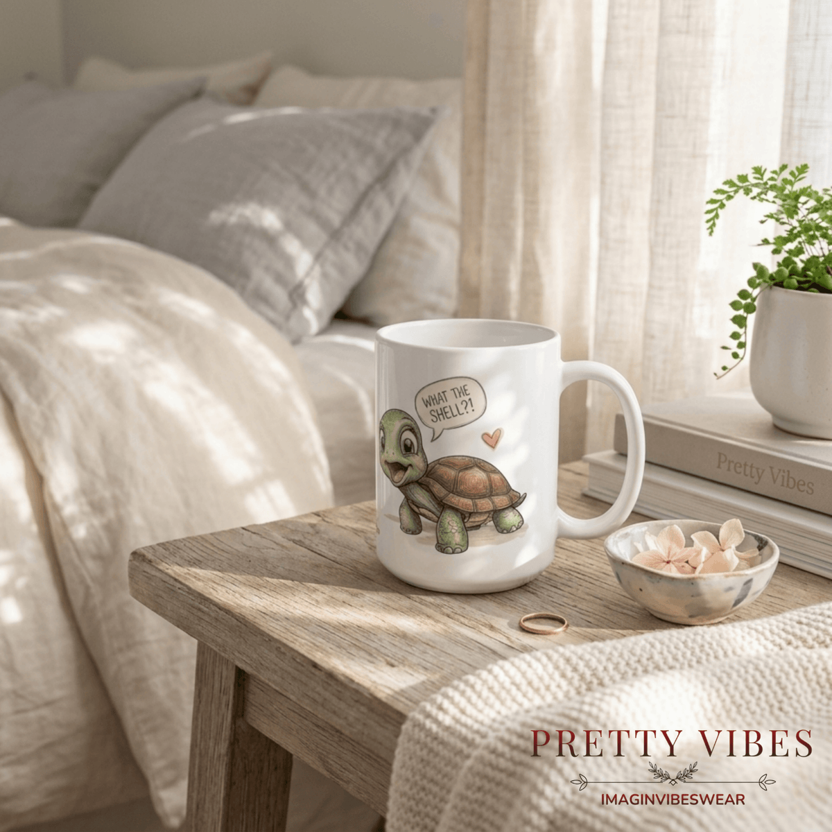 What the Shell turtle mug on a wooden table with a cozy background, featuring a playful botanical design.