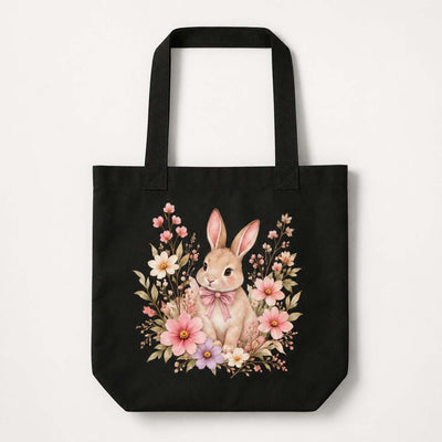 Floral bunny tote bag featuring a cute bunny surrounded by colorful flowers, perfect for everyday use.