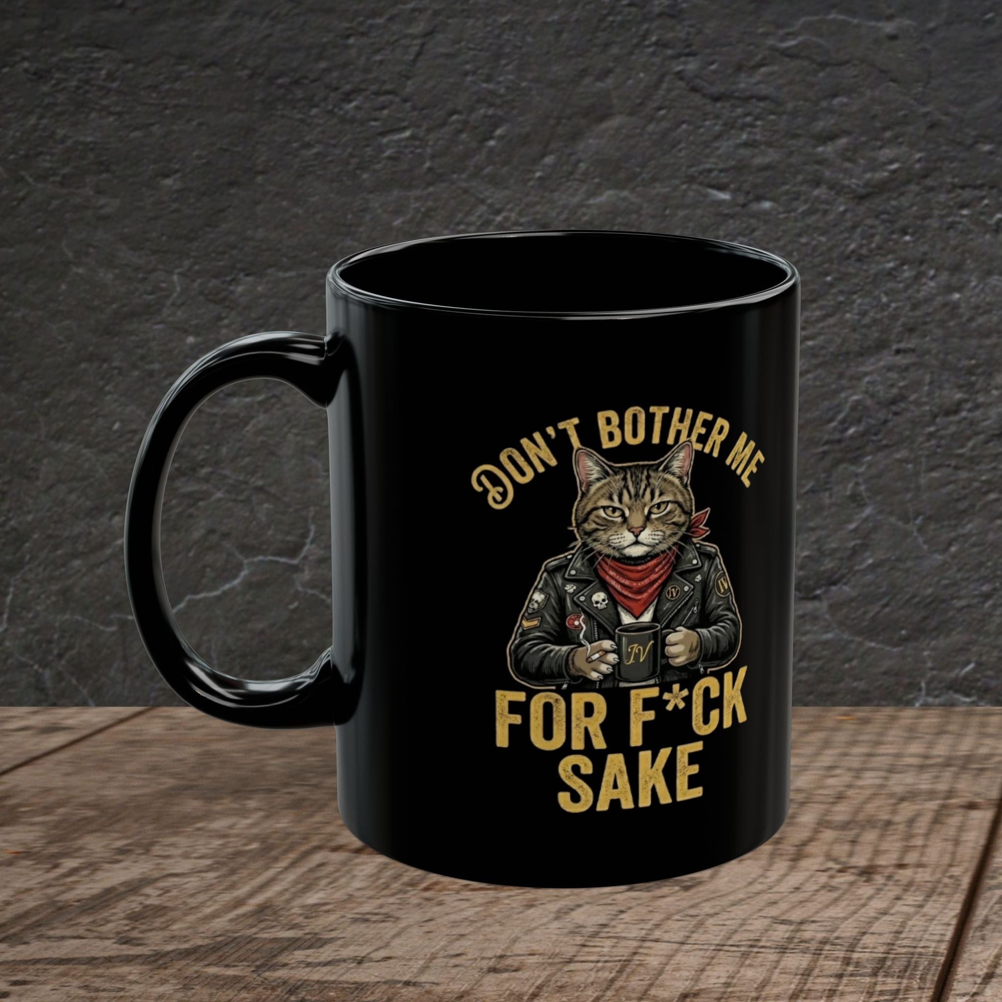 Biker Cat "For F*ck Sake" Black Ceramic Mug – Sarcastic Morning Coffee Cup | 11oz, 15oz