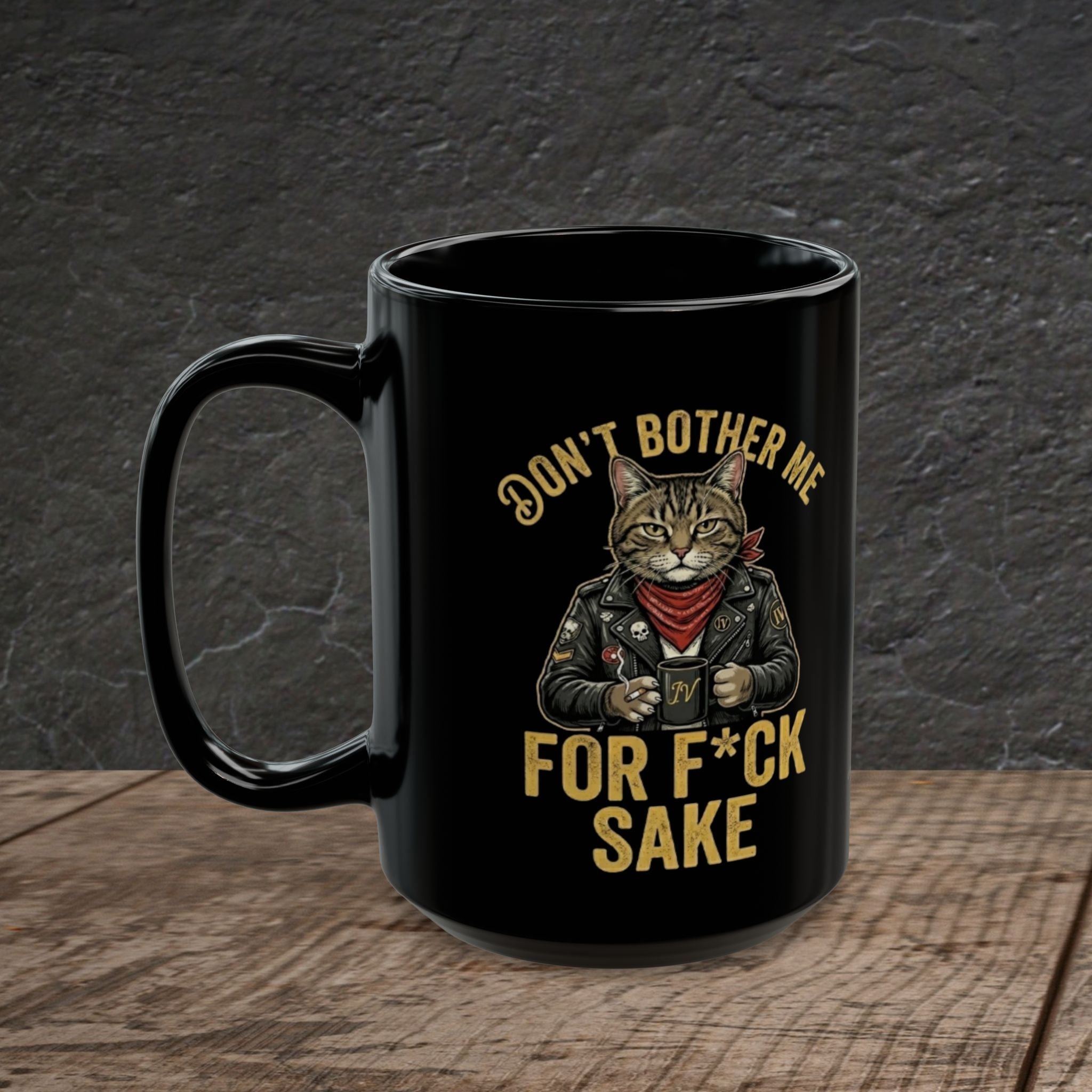 Biker Cat "For F*ck Sake" Black Ceramic Mug – Sarcastic Morning Coffee Cup | 11oz, 15oz