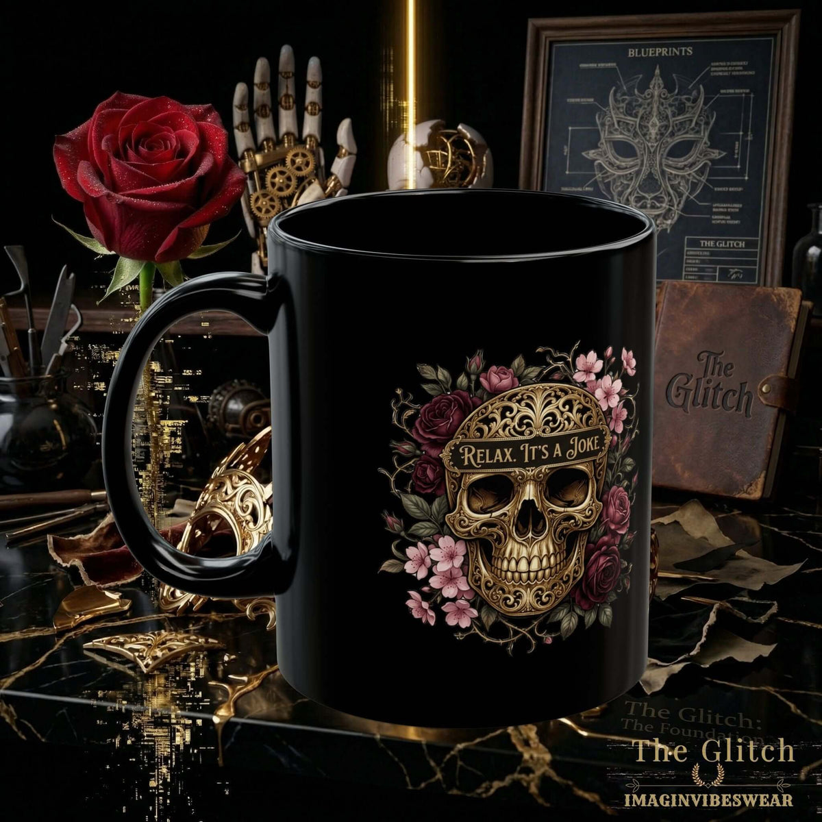 A sarcastic skull mug featuring a black-and-gold design with flowers and the phrase 'Relax, it's a joke.'