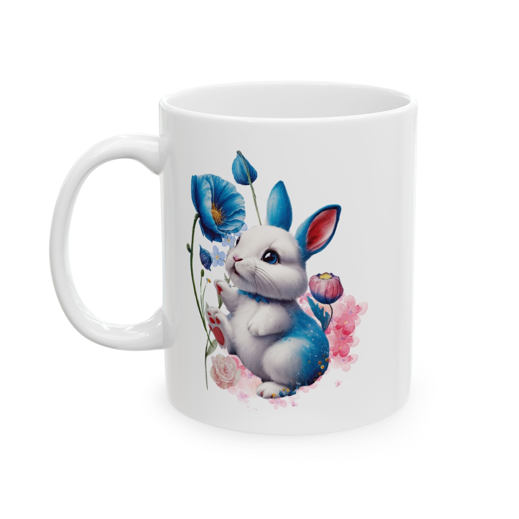 Whimsical Blue Poppy Bunny Mug – Cute Watercolor Ceramic Coffee Cup | 11oz, 15oz