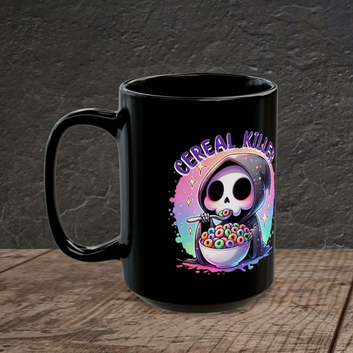 cereal killer mug -Dark humor breakfast mug featuring Grim Reaper design with colorful cereal bowl.