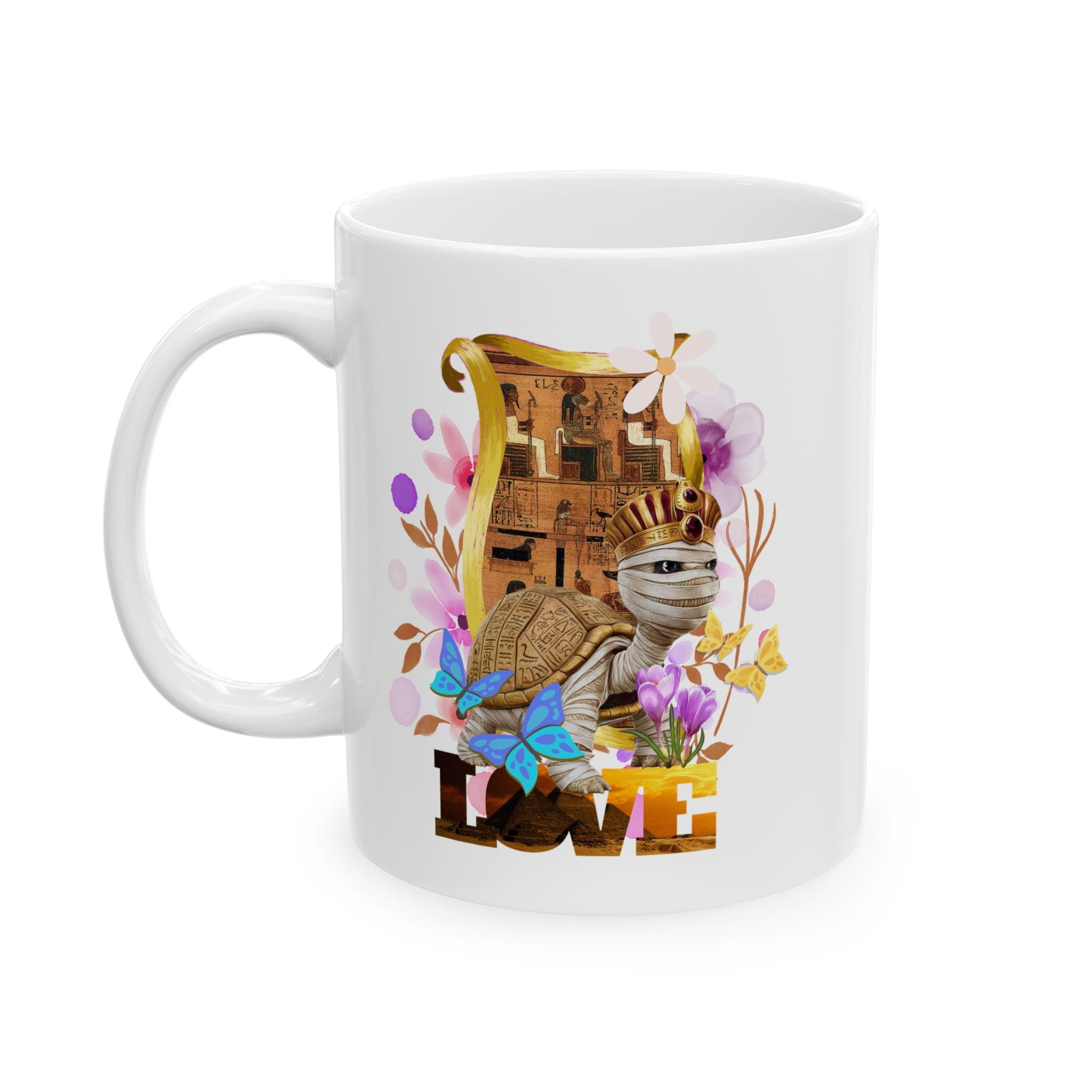 Pharaoh Love Turtle Ceramic Mug – Egyptian Art Graphic Coffee Cup | 11oz, 15oz