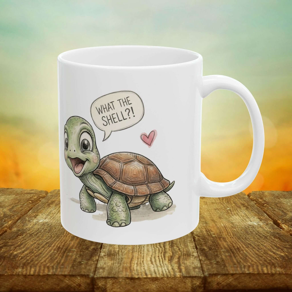 What the Shell turtle mug featuring a cute watercolor tortoise with a playful expression and heart.