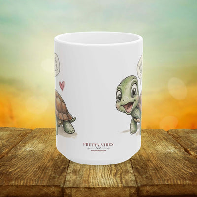 What the Shell turtle mug featuring a botanical watercolor tortoise with playful expressions on a sunny background.