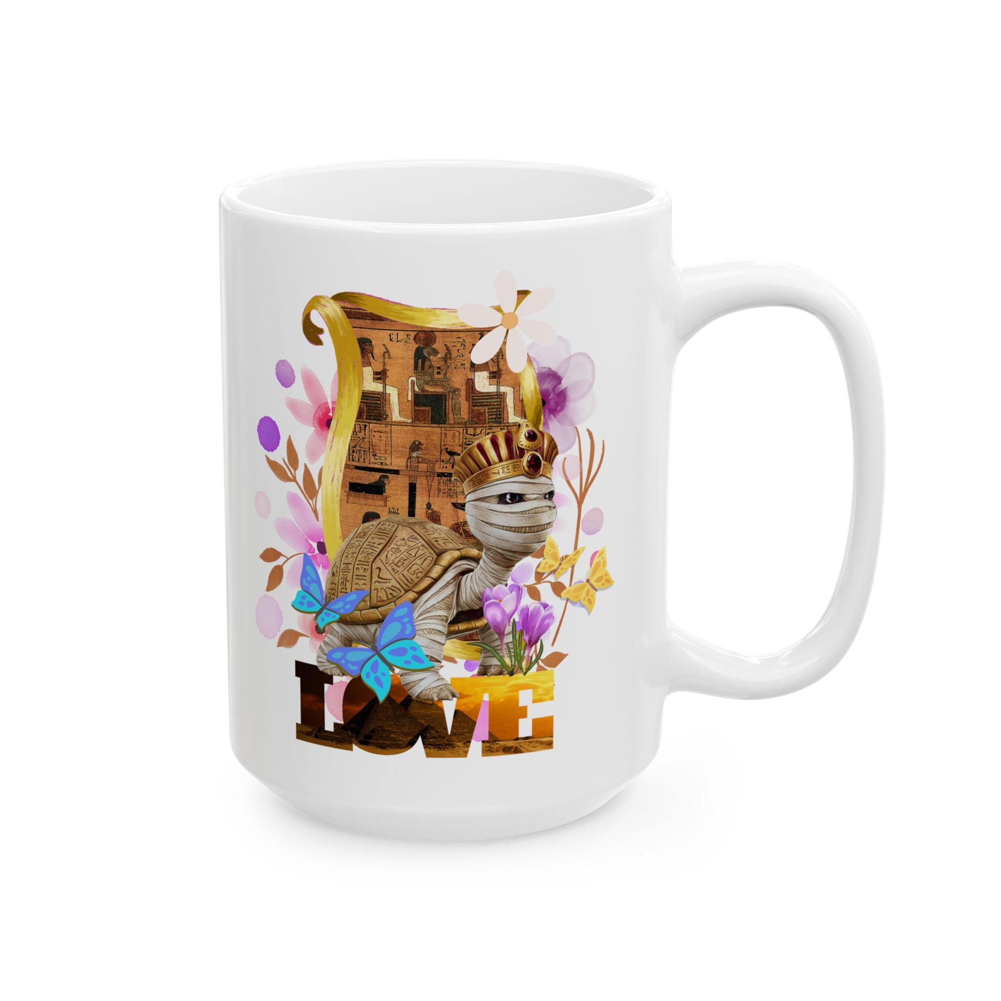 Pharaoh Love Turtle Ceramic Mug – Egyptian Art Graphic Coffee Cup | 11oz, 15oz