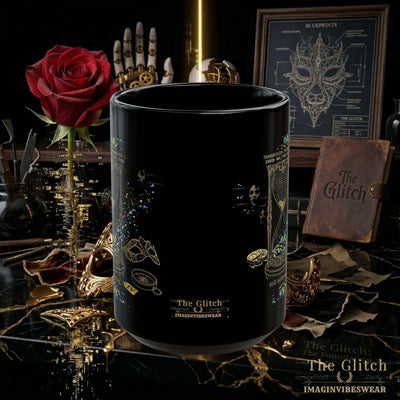 The Gilded Chronos still buffering mug featuring glitch art, hourglass, and ERROR 404 design on a black background.