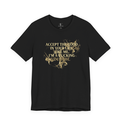 F*CKING DELIGHT // Raw Ed. Tee with distressed gold typography saying "I'm a F*cking Delight" on a black shirt.