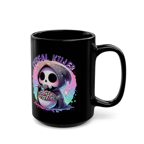 CEREAL KILLER mug featuring a cute Grim Reaper and cereal design, ideal for dark humor fans.