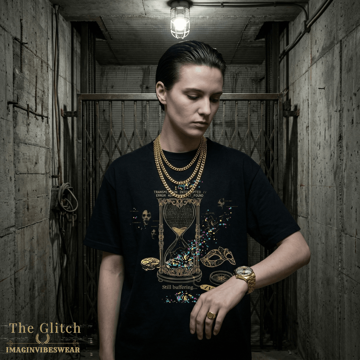A model wearing 404 time not found tee, featuring a unique hourglass design in a gritty urban setting.