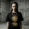 A model wearing a black-and-gold sarcastic morning tee featuring a shattered sun graphic and bold text.