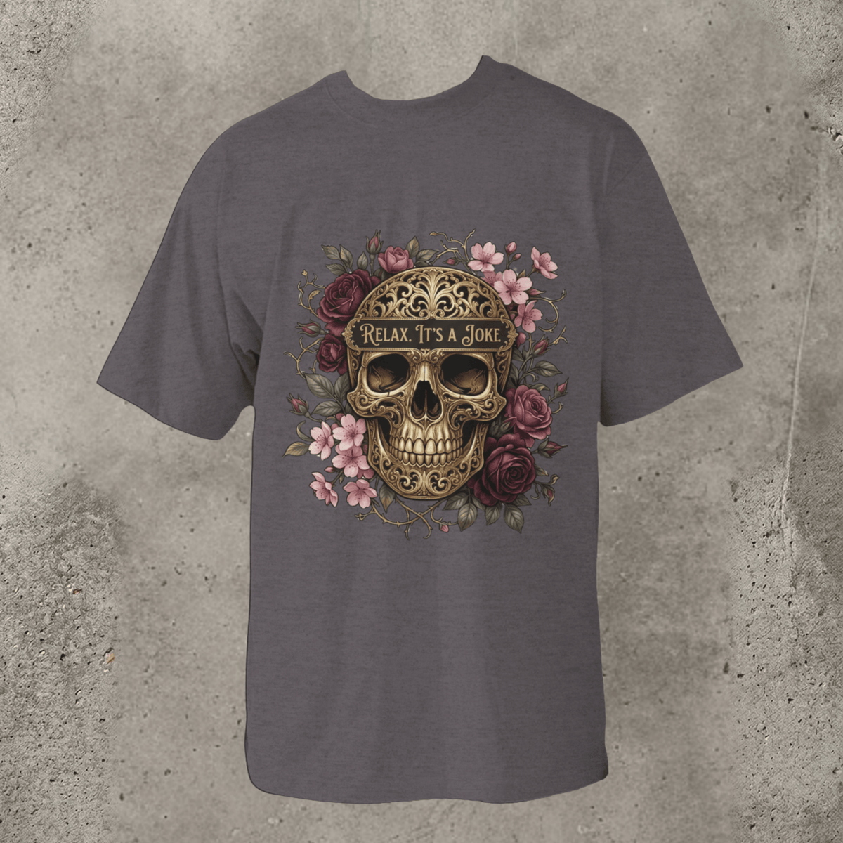 Gold filigree skull tee featuring a floral design and text "Relax It's a Joke" on a dark t-shirt.