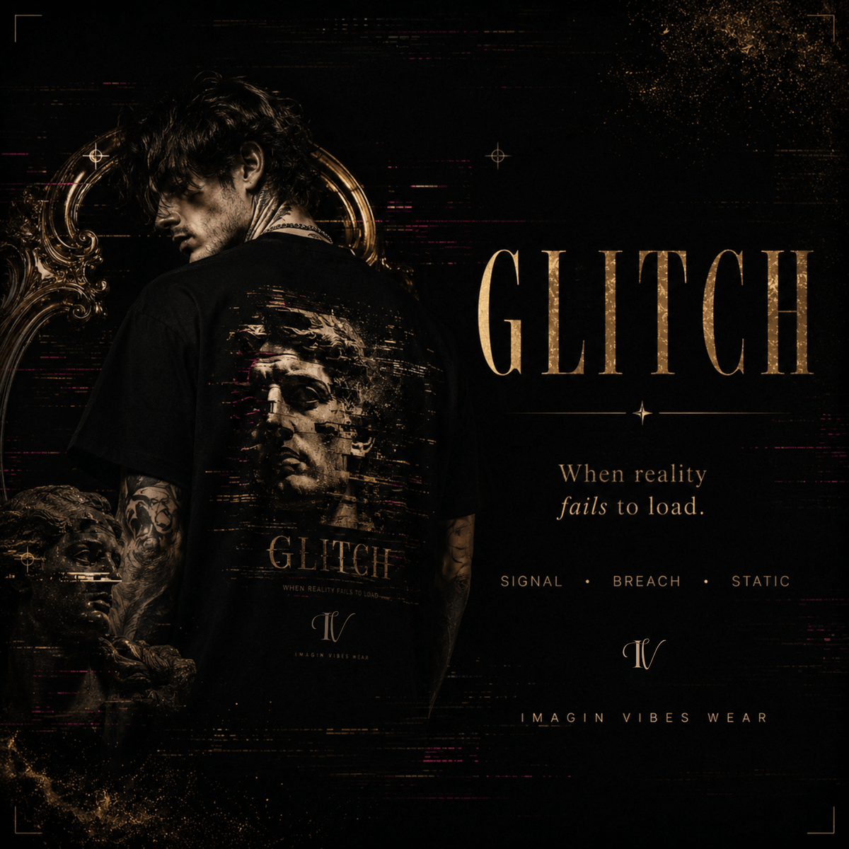 Oversized back print graphic tee featuring Glitch artwork and a fractured statue design on the back.